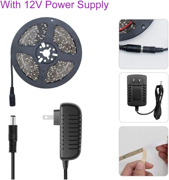 LED UV Black Light Strip Kit, Ultraviolet 16.4FT/5M 3528 300LEDs, 395nm-405nm Blacklight for DJ Bar Club Party Decor Night Fishing with 12V Power Supply
