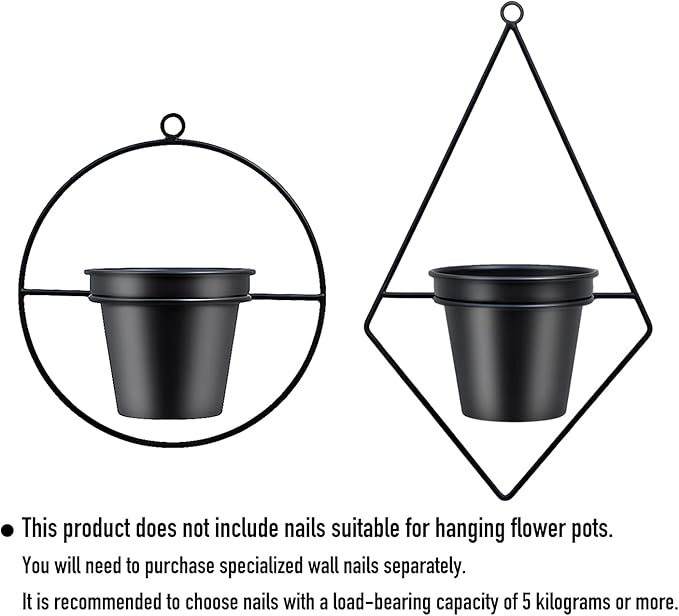 Geometric Wall Planters for Indoor Plants – Set of 2 Black Metal Wall Mounted Plant Holder (Round & Diamond Shapes) with 5 Inch Flower Pots, Modern haning planters for Indoor Outdoor Decor