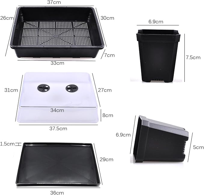 eZAKKA 37x30cm Seed Starter Tray Seed Seedling Starting Kit Plant Germination Kit Humidity Dome with 20 Pieces Square Seed Starter Pots (Black Pots)