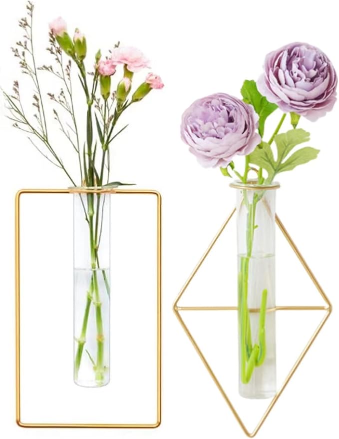 2 Pack Gold Wall Flower Vases,Gold Geometric Metal Frame Clear Glass Tube Bud Vase Hydroponic Plants(Gold 9)
