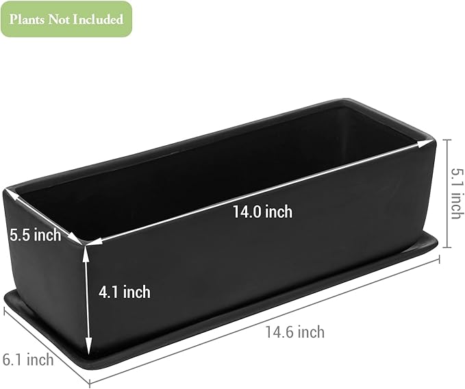 MyGift Matte Black Ceramic Indoor Plant Pot Succulent Planter, Decorative Flower Planter with Drainage Hole and Removable Tray (14 inch - 2 Pack)