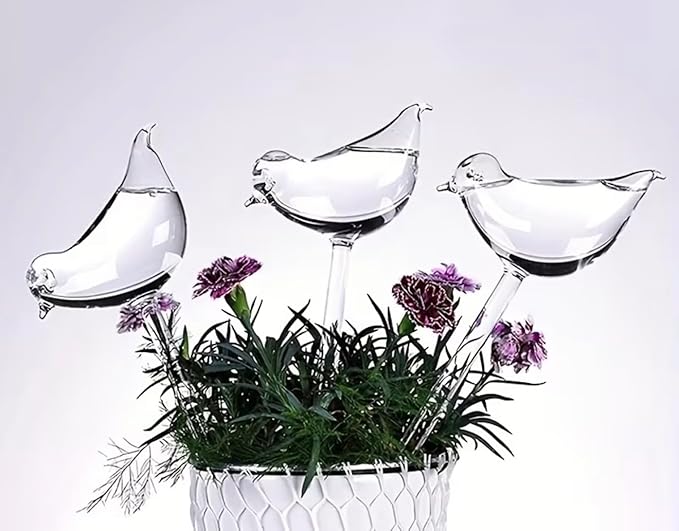 Glass Bird Shaped Plant Watering Globes, Clear, 9.84 Inches, Automatic Self Watering Bulbs for Indoor and Outdoor Plants, 3 Pack