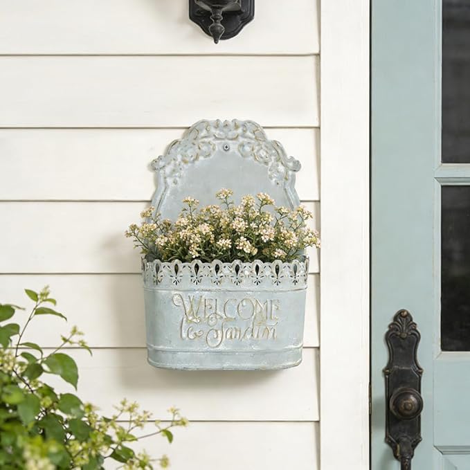 Metal Hanging Planters Wall Mount Planter Wall Vases for Flowers Shabby Chic Decor for Rustic Farmhouse Outdoor Decor Blue