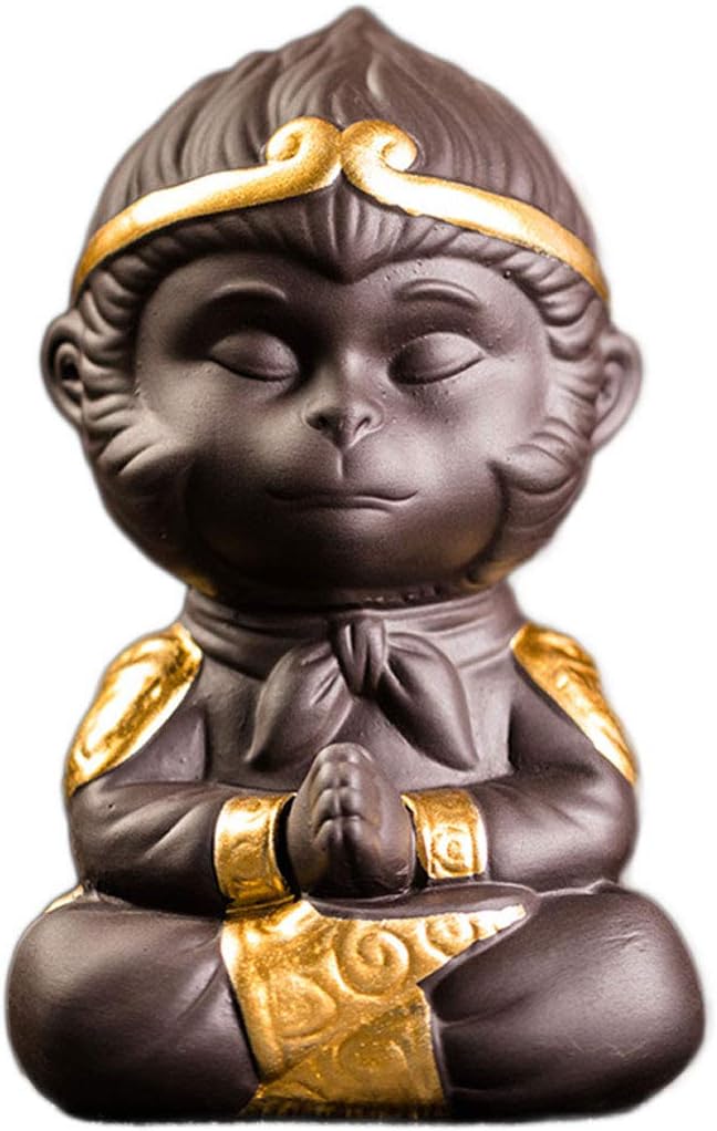 Aquarium Fish Tank Decoration, Ceramic Desktop Ape-Prayer Sculpture Decor Zen Bonsai Ornament Carving - Calming Emotions Training