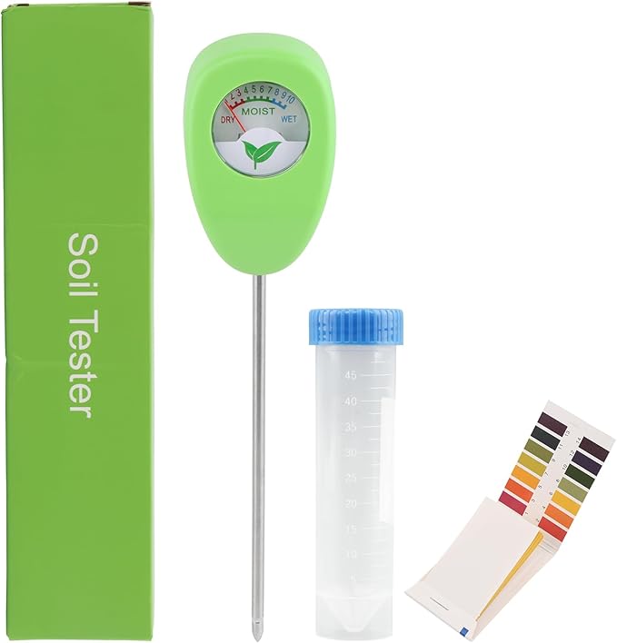 Soil Moisture Meter with Bonus 25 pH Test Strips, 6.5 Inch Probe Plant Water Gauge, Indoor Outdoor Garden, No Battery Required
