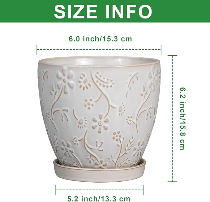 MPotTo 6 Inch Ceramic Plant Pot for Indoor Plants Outdoor Round Planter Flower Pot with Drainage Hole and Saucer for Home Garden Office Decor White