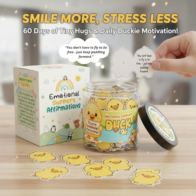 DEARMINE Positive Duck Jar with 60 Daily Affirmation Cards, Emotional Support Gift, Duck Gift for Women, Birthday for Girls, Inspirational Gifts for Women, Back to School Student Present