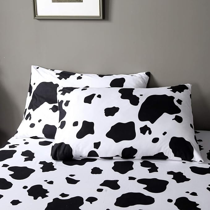 Kids Cute Cow Bed Sheet Set with 1 Pillowcase 1 Fitted Sheet 1 Flat Sheet Twin Size Children Cartoon Milk Cow Animal Bedding Set for Boys Girls Bedroom Decor Lovely Black White Bed Cover Microfiber