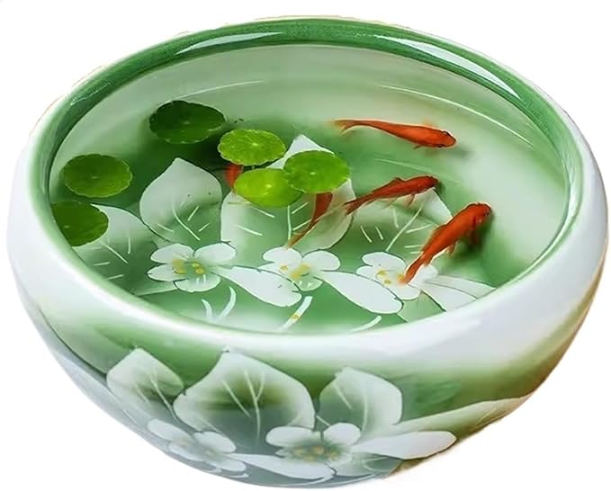 Decor Hand-Painted Green Lotus Finish Ceramic Fish Tank Desktop Fortune Goldfish Turtle Feeding Tank Ceramic Round Planter Starter(41x41x17cm)
