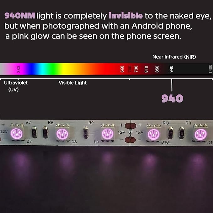 Zero Red Glow 940nm IR LED Strip - 12V 72W 5M/16.4Ft Flexible Tape IP20 Non-Waterproof Cuttable for Night Vision Photography & Infrared Light Therapy (940nm, 300 LEDs, 5050 SMD)