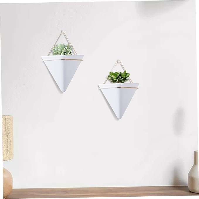 Wall Plant Holder Hanging Planter, 2PCS Geometric Triangle Wall Plant Holder, Ceramic Wall Mounted Plant Holder, for Succulent, Faux Plants, Home, White