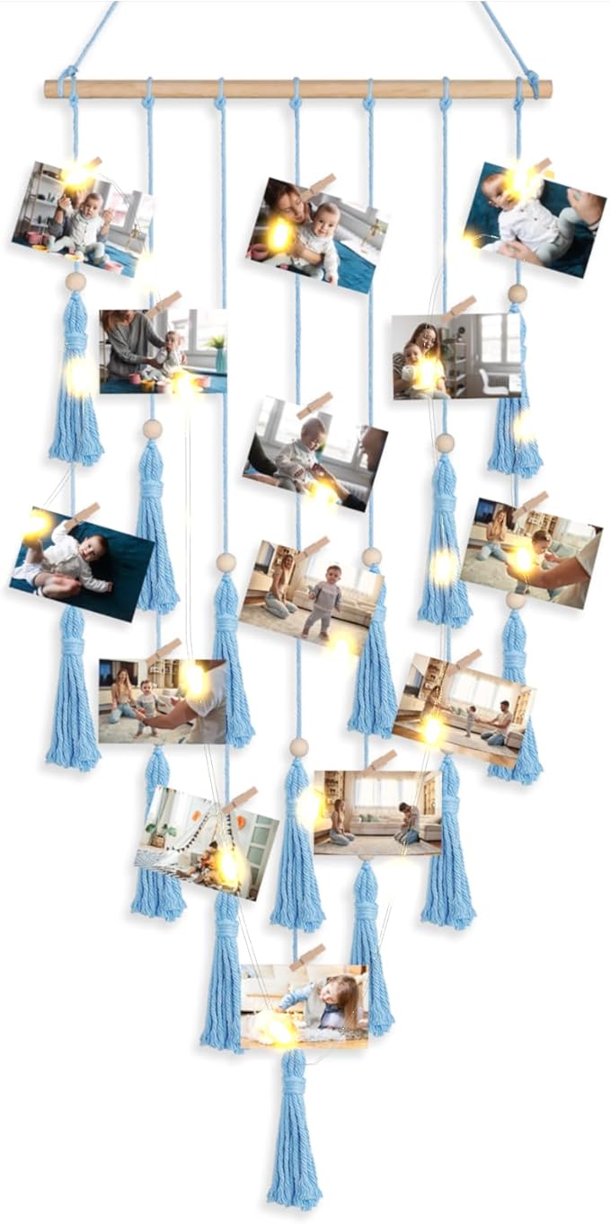 ANROYE Macrame Hanging Photo Display, Picture Holder with 30 Clips for Bedroom Wall, Polaroid Boho Gallery Hangers with LED Light String, Room Decor Gifts for 10 11 12 13 14 Year Old Teen Girl