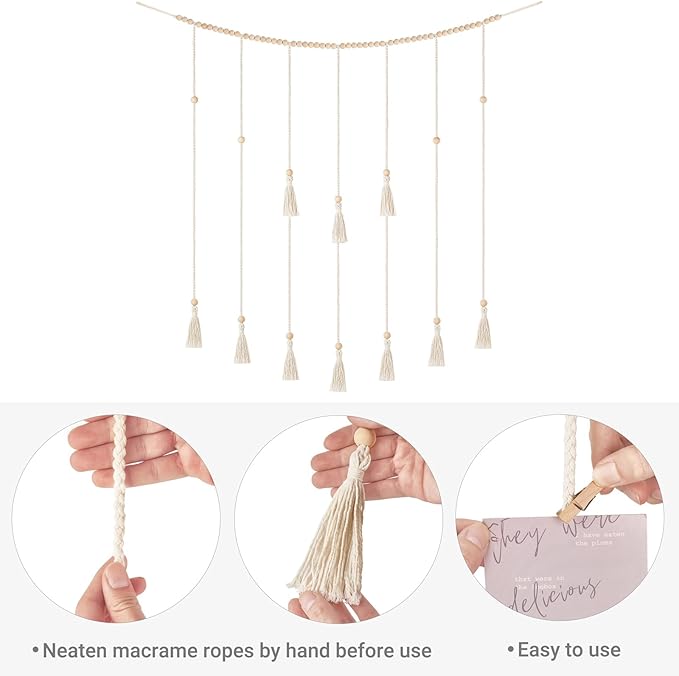 Mkono Macrame Hanging Photo Display Wall Decor with String Lights Boho Room Bedroom Wooden Beads Garland Picture Greeting Cards Holder with 45 Clips