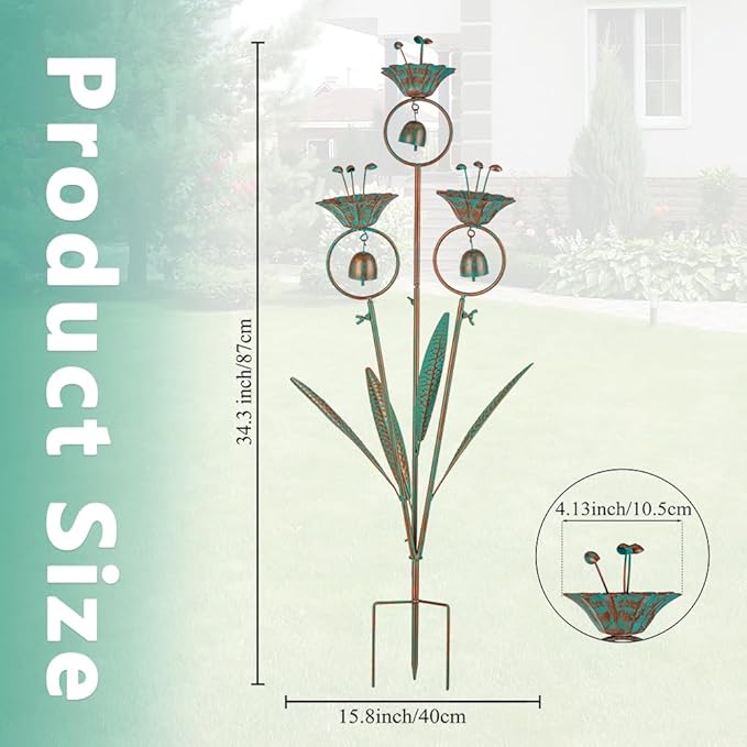 Calla Lily Garden Stake with Bells, Metal Flower Decorative Garden Stakes, 34" H Yard Art for Outdoor Lawn Patio Pathway Decor, Bronze