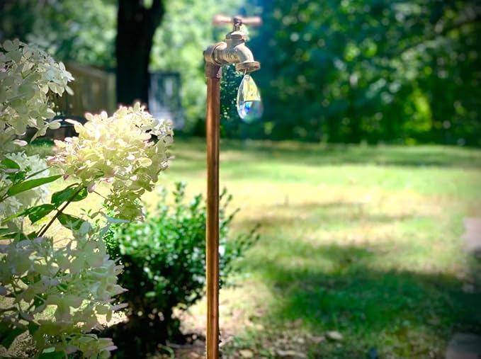 Floating Crystal Droplet Copper Garden Sculpture - Whimsical Metal Faucet Stake for Outdoor Decor - Unique for Gardeners