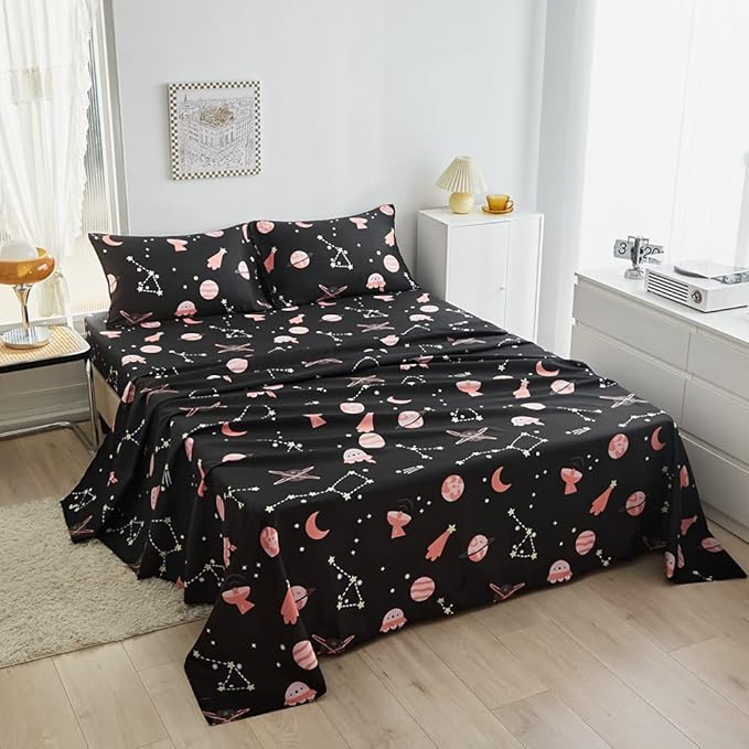 Kids Outer Space Galaxy Sheet Set Twin Girls Universe Planet Printed Bedding Set Super Soft Moon Starry Sky Bed Sheet Set Stars Constellation Sheets with Deep Pocket Fitted Sheet Pink Black
