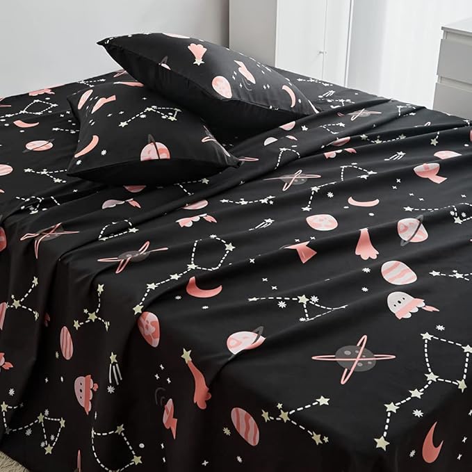Kids Outer Space Galaxy Sheet Set Queen Girls Universe Planet Printed Bedding Set Super Soft Moon Starry Sky Bed Sheet Set Stars Constellation Sheets with Deep Pocket Fitted Sheet Pink Black
