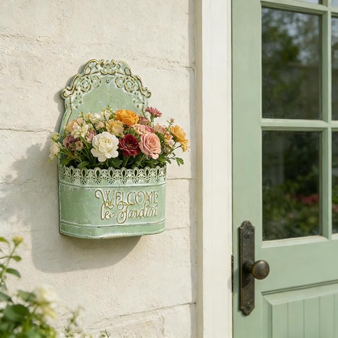 Metal Hanging Planters Wall Mount Planter Wall Vases for Flowers Shabby Chic Decor for Rustic Farmhouse Outdoor Decor Green