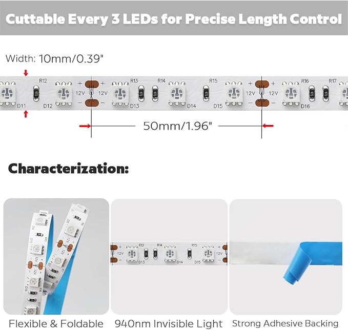 Zero Red Glow 940nm IR LED Strip - 12V 72W 5M/16.4Ft Flexible Tape IP20 Non-Waterproof Cuttable for Night Vision Photography & Infrared Light Therapy (940nm, 300 LEDs, 5050 SMD)