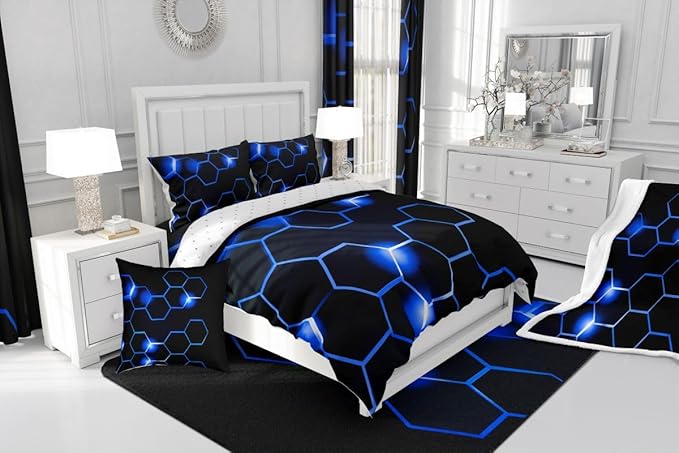 Feelyou Honeycomb Kids Comforter Set ModernHexagon Bedding Set for Boys Children Teens Bedroom Decor Geometrical Comforter Beehive Geometric Black Blue Duvet Set Full Size with 3 Pillow Case