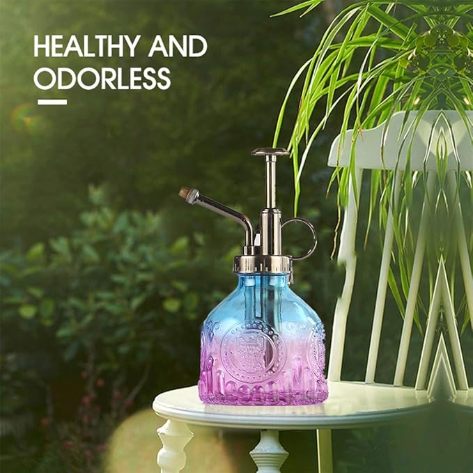 Plant Mister Glass Spray Bottle Small Plant Watering Can 6.4" Tall Retro Indoor Watering Can Bronze Plastic Top Pump for Garden Indoor Plant Sprayer (Blue Violet Gradient)