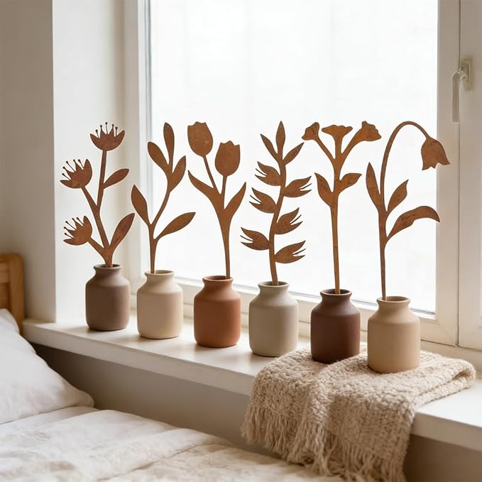 hogardeck Garden Decor for Outside, 6 Pcs Rusty Metal Flower Garden Stakes with Fern Leaf Design for Outdoor Yard Art, Rustic Plant Stakes for Flower Bed, Pot, Vase