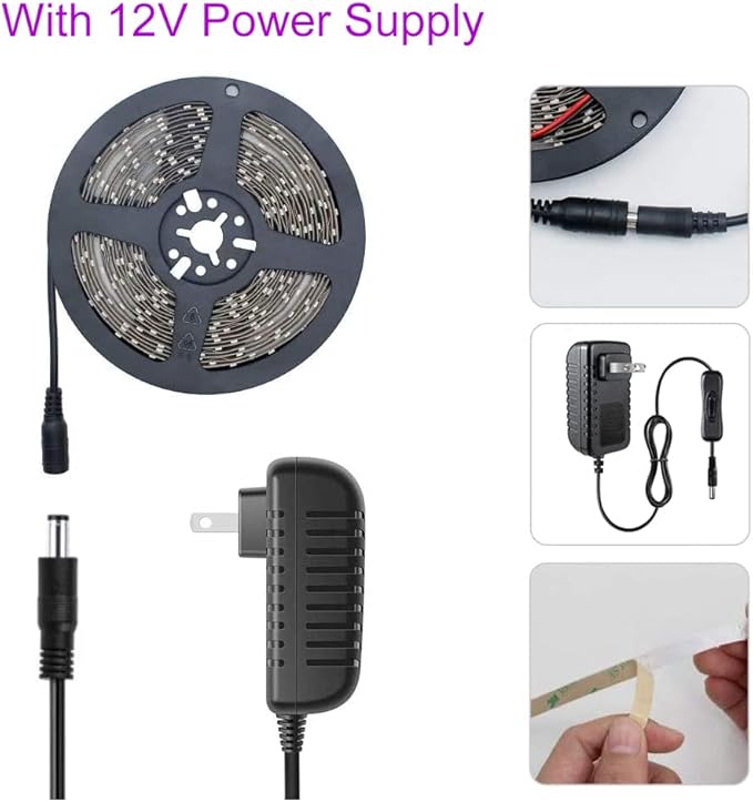 LED UV Black Light Strip Kit, 16.4FT/5M Ultraviolet Waterproof IP65 3528 300LEDs, 395nm-405nm Blacklight for DJ Bar Club Party Decor Night Fishing with 12V Power Supply