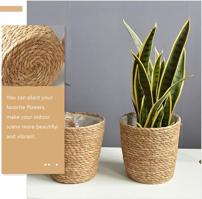 Beavorty Vintage Decor Seagrass Planter Hand Woven Straw Flower Pot Farmhouse Plant Basket with Plastic Liners Rustic Plant Containers Succulent Pot for Indoor Outdoor Room Decor Home Decor