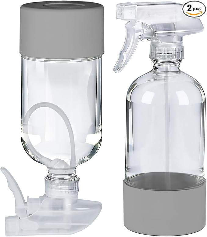 2 Pack 360° Glass Spray Bottles with Silicone Sleeve, 16 oz Empty Refillable Containers with Adjustable Spray Nozzles, Spray Bottles for Hair, Cleaning Solutions and Plants Grey