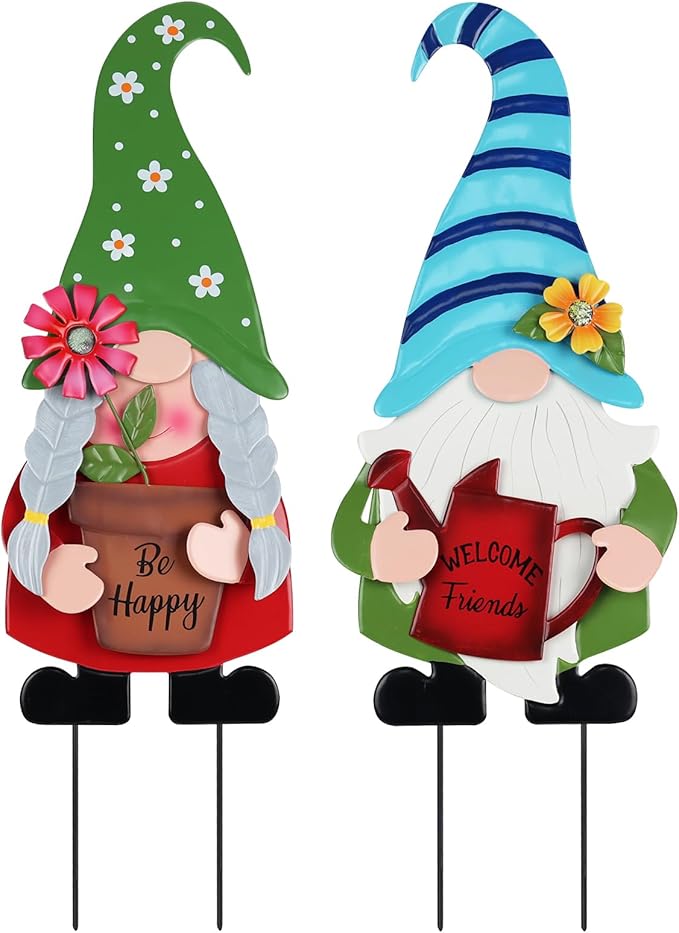YEAHOME Garden Decor for Outside, Set of 2 Metal Gnomes 27.6” Decorative Garden Stakes with Flowers for Spring Decor, Yard Art Stakes for Outdoor Lawn Backyard Porch Garden Decorations
