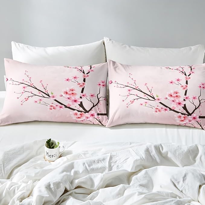 Feelyou Girls Twin Sheets Cherry Blossom Floral Bed Sheet Set for Kids Women Teens Bedroom Super Soft Flowers Pink Decor Bedding Set (1 Flat Sheet,1 Deep Pocket Fitted Sheet, and 1 Pillow Case)