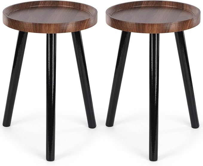 Indoor plant stand, walnut-colored medieval-style wooden plant table, tall planter stand, modern round side table, suitable for living room, bedroom, and balcony decoration (2 pcs)
