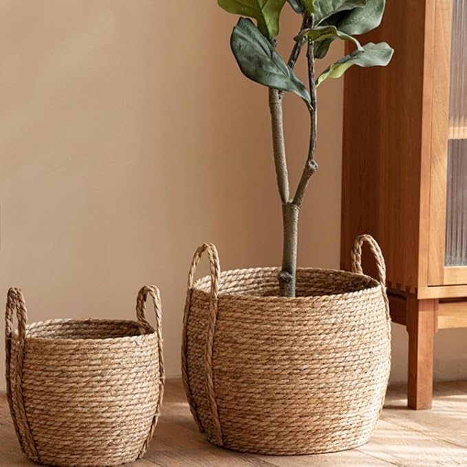 14 inch Large Seagrass Woven Planter Basket with Handles - Wicker Planter Basket with Plastic Film Insert for Indoor Plants, Large Monstera Pot, Woven Storage Basket, Boho Home Decor