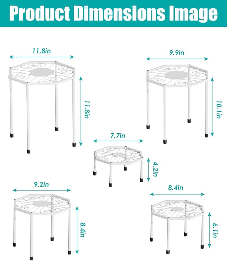5-Pack Metal Plant Stands for Outdoor Indoor, Anti-Rust Iron Flower Pot Stand, Heavy Duty Plant Pot Shelf for Multiple Plant, Decoration Racks for Home, Patio & Garden (White)