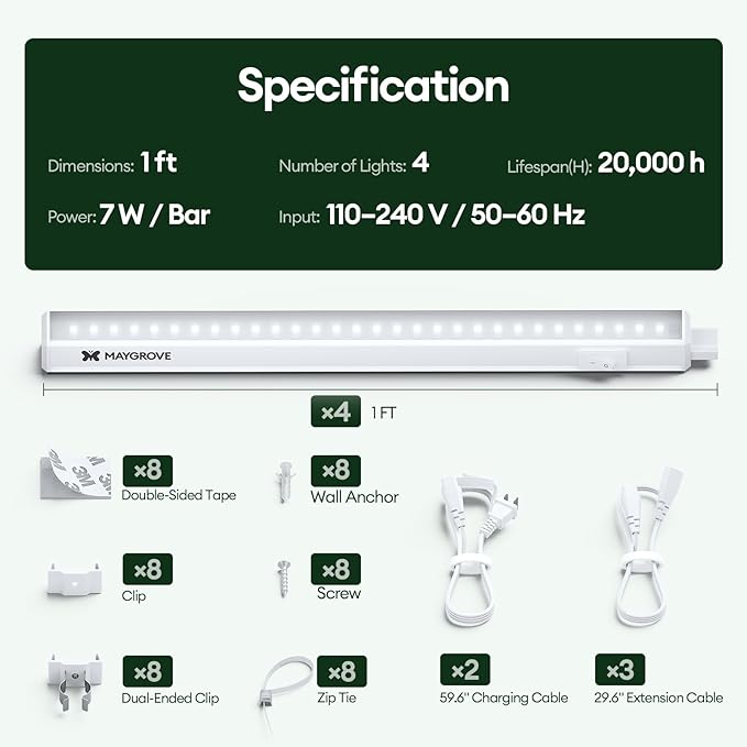 Maygrove Grow Lights for Indoor Plants, Sunlike Full Spectrum 5000K 1FT LED Growing Lamp 28W (4 x 7W), T5 Grow Light Strip for Seed Starting, Vegetables, Linkable, White, 4-Pack