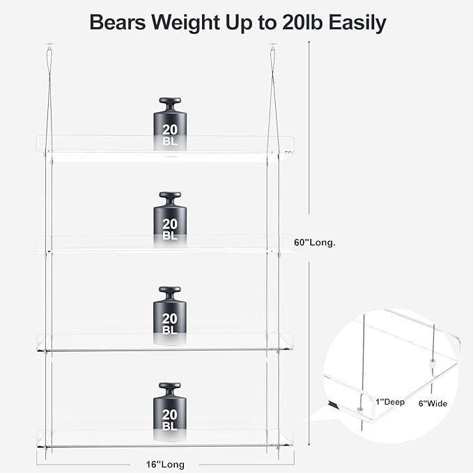 2-Pack Hanging Clear Plant Shelves for Windows, Acrylic Window Wall Plant Stand Shelf for Kitchen Indoor Gardens, Flower, Herb, Seedling Organization, and Pots Display, 16 Inch per Tier
