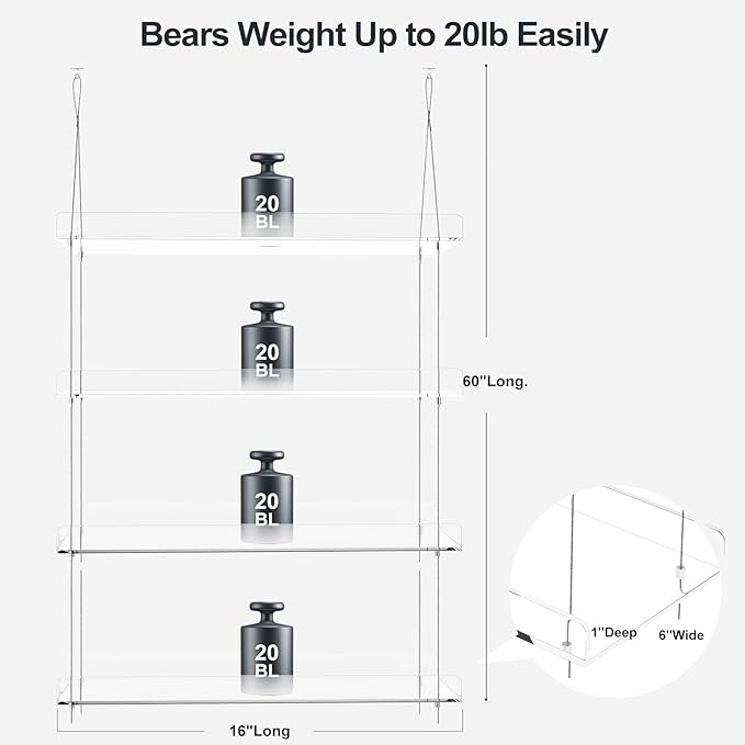 4-Tier Hanging Clear Plant Shelves for Windows, Acrylic Window Wall Plant Stand Shelf for Kitchen Indoor Gardens, Flower,Herb, Seedling Organization, and Pots Display, 16 Inch per Tier