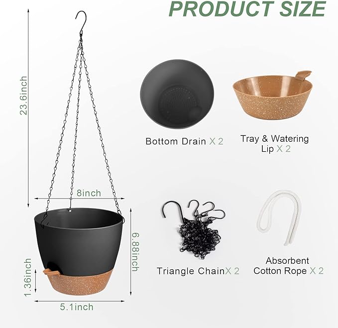 Vanslogreen Hanging Planters for Indoor Outdoor Plants, 2 Pack Self Watering Hanging Pot with Drainage Holes & Removable Tray (Black, 8'')