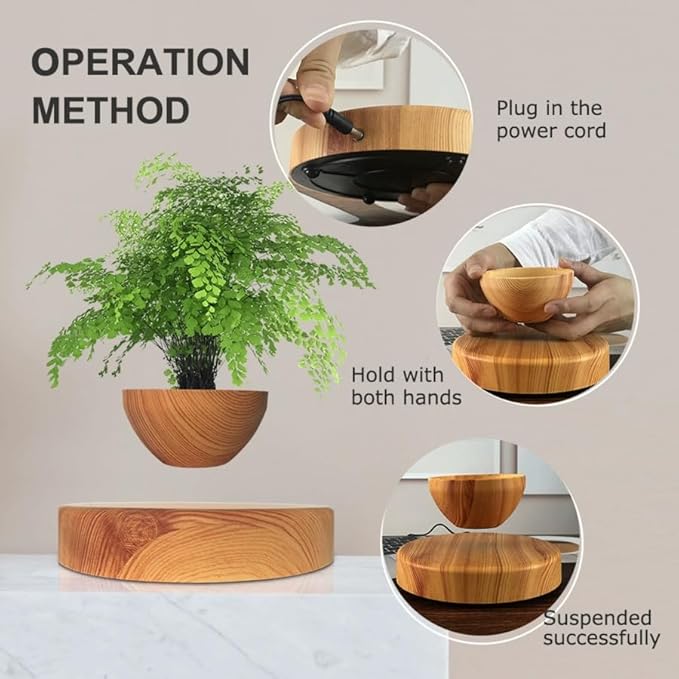 Magnetic Levitating Plant Pot | 360° Rotating Floating Bonsai Planter with Natural Wood Base, Cool Tech Decor for Home Office, Unique Housewarming for Plant Lovers
