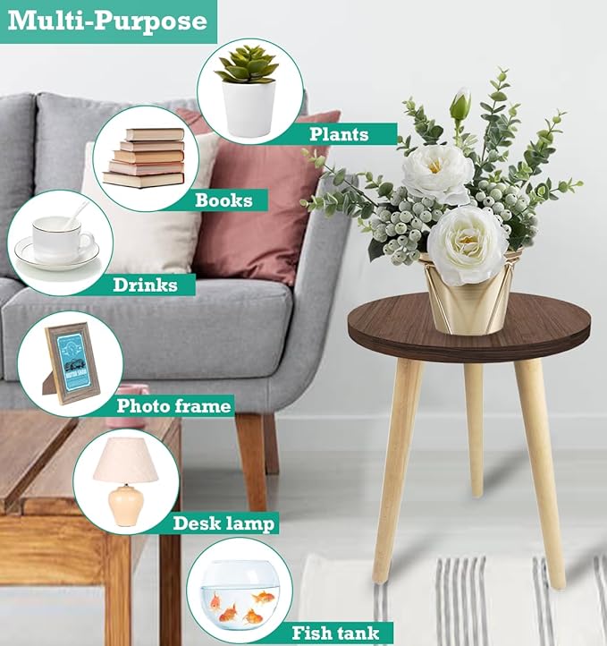 10IN Tall Plant Stand Holder for Indoor Planters, Mid Century Small Round Wood Table for Living Room Corner Floor