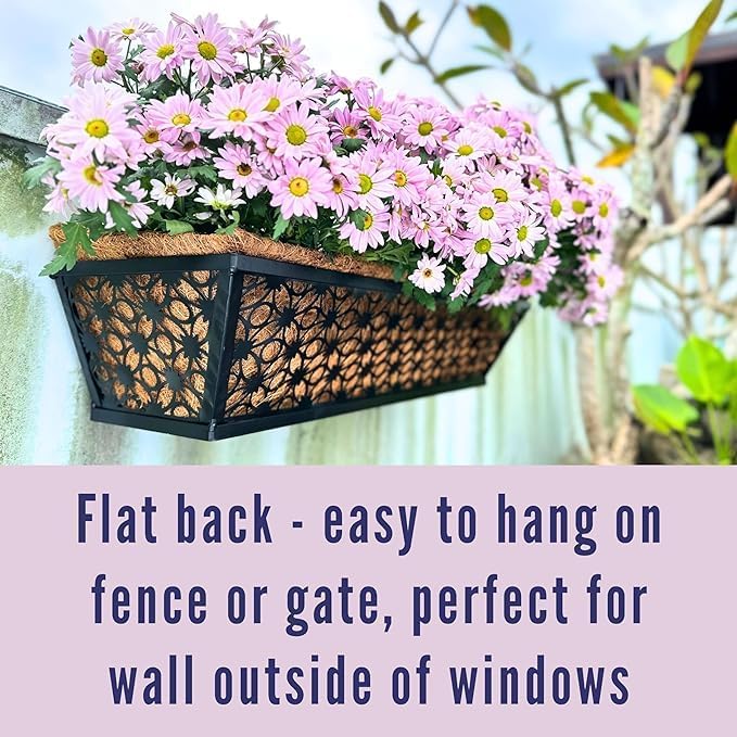 Maxona Window Boxes Planters to Attach to House, 4 Pack, 24 inch, Wall Planter for Outdoor Plants with Coco Liner, Black Metal Flower Basket Balcony Garden Fence Rail Railing Deck Patio Porch Décor