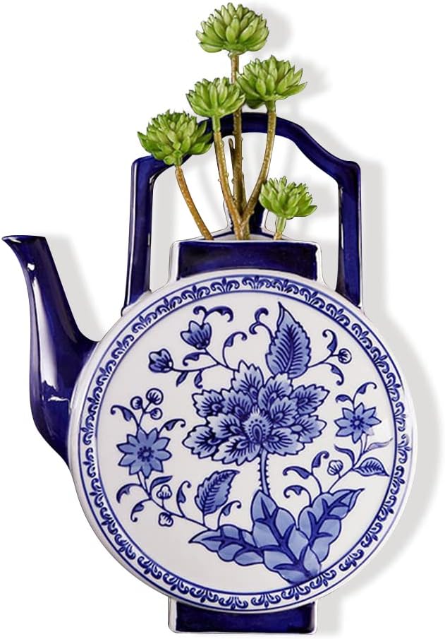 Blue & White Porcelain Wall Vase,Water Bottle Shape Hydroponic Vase Wall Planter for Indoor, Outdoor (A)
