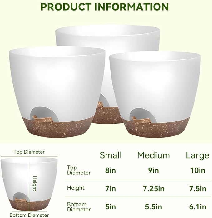 8/9/10 Inch Large Self Watering Pots, Plastic Flower Pots with Multi Mesh Drainage Holes and Water Level Indicator & Deep Reservoir for Indoor Outdoor Garden Plants and Flowers (White)