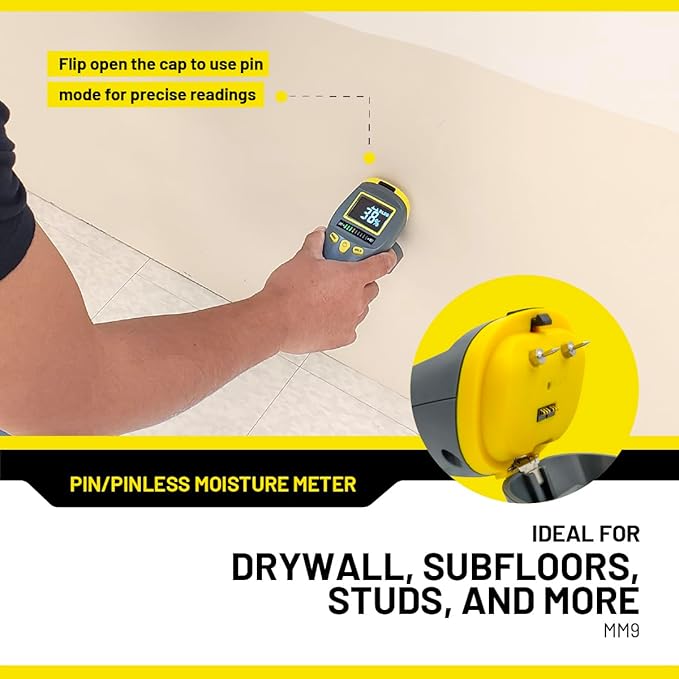 General Tools MM9 Pin & Pinless Moisture Meter – Dual Moisture Detector for Wood, Drywall & Building Materials – Digital Display, Scan & Pin Modes, Data Hold