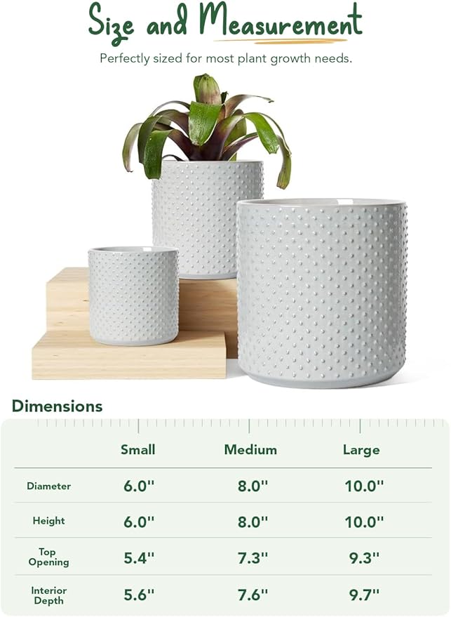 LE TAUCI Ceramic Pots for Plants, 10/8/6 Inch Indoor Planters with Draiange Hole, Silicone Plug & Mesh Pad, Modern Rasied-Dots Pots for Home Office, Set of 3, Glossy, Star Gray