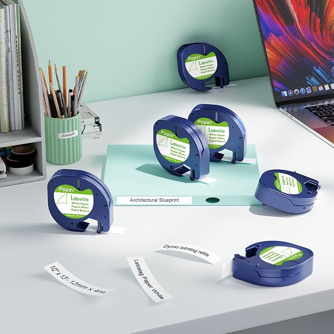 Replace for DYMO Label Maker Refills LetraTag White Paper 91330 10697 LT Refill Tape for DYMO Letra Tag LT 100H LT-100T Plus 200B QX50 Labeler, 12mm x 4m 1/2'' x 13', 6-Pack