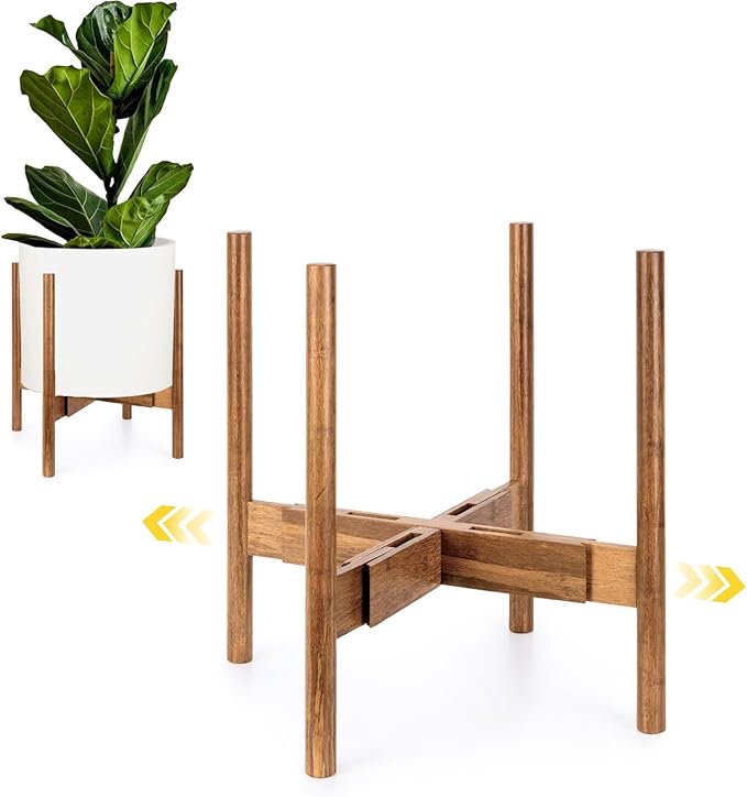 Fox & Fern Large Adjustable Plant Stand Indoor — 11 to 15 Inch Mid Century Bamboo Plant Stand - Plug In Design - Easy to Assemble - Two Heights - For 11, 12, 13, 14 & 15 Inch Pots (Not Included)