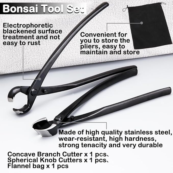 Bonsai Tool Set - 8" Concave Cutters and 8" Spherical Knob Cutters Carbon Steel Gardening Bonsai Pruning & Care Kit with Storage Bag Heavy Duty Bonsai Tree Kit Tools for Beginners