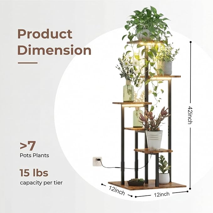 6 Tier Plant Stand Indoor with Grow Light, Tiered Plant Stands for Indoor Plants Multiple, Corner Flower Stand for Living Room, Multi-Layer Vintage Design Plant Shelf
