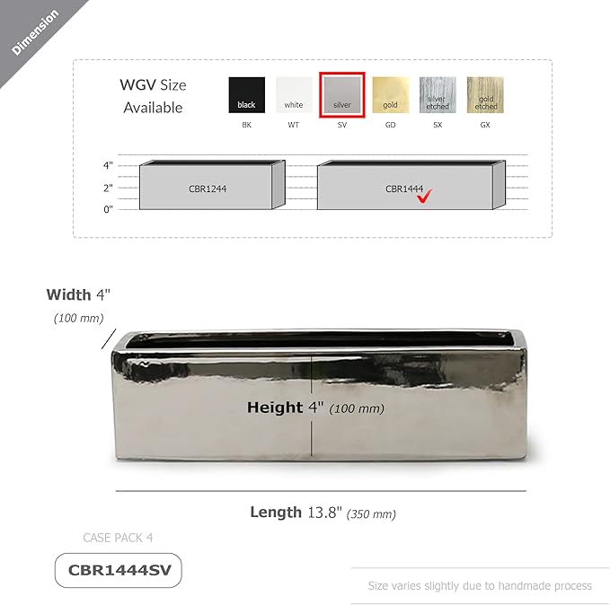WGVI Long Rectangle Ceramic Planter Vase in Silver 14" x 4" x 4"H, Rectangular Box Block Terrarium Pot, Flower Arrangement, Tabletop Centerpiece, Home Decor Organization Storage Container, 1 Pc.